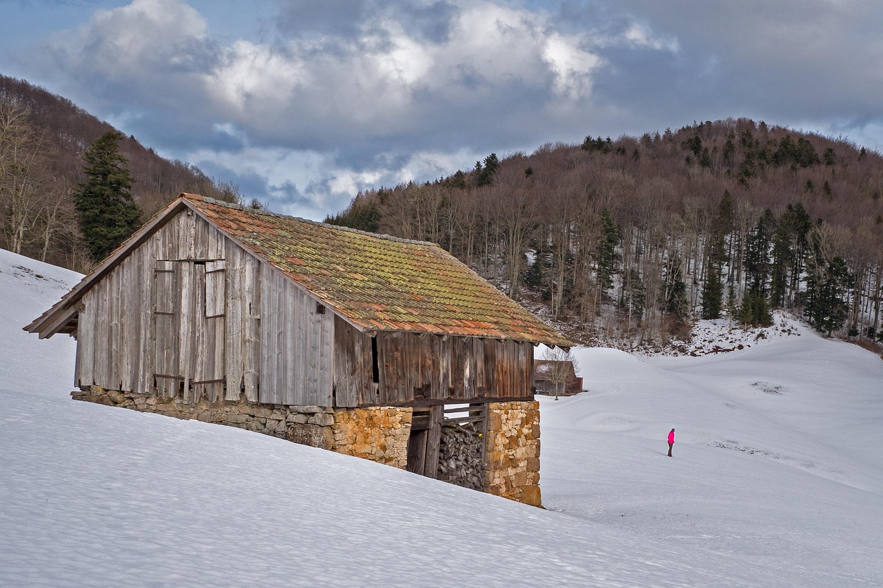 Weathered timber tool shed with a stone base in winter